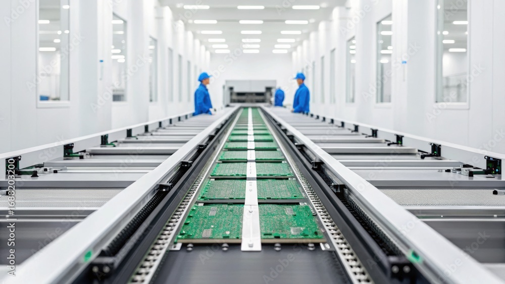 Poster modern factory setting with workers in blue uniforms overseeing a clean, organized assembly line for