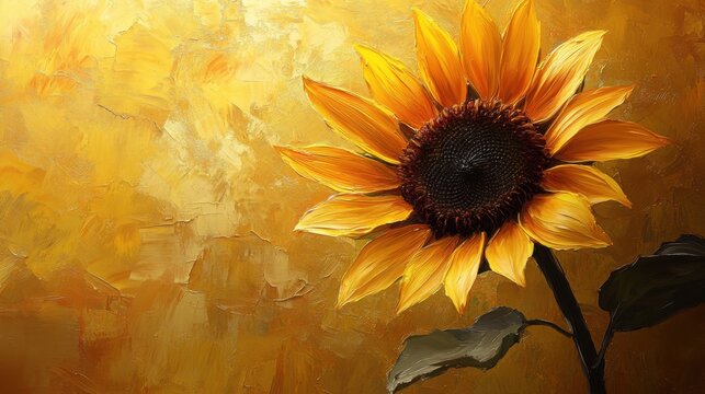 Fototapeta Close-up of a vibrant sunflower with bright yellow petals and dark center against an abstract warm background perfect for nature and floral themes
