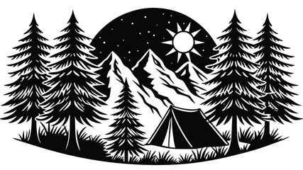 A beautiful winter forest scene with a vector illustration of a decorated Christmas tree covered in snow under a cold December sky