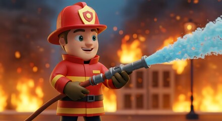 Cartoon Firefighter Extinguishing a Blaze - Heroic and Cute Character in Action
