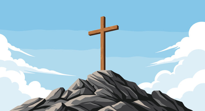 Iconic wooden cross stands tall on rugged mountain peak under bright blue sky with clouds - Powered by Adobe