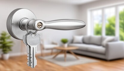 Silver door handle with two keys hanging.  Interior room in soft focus