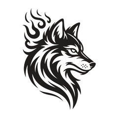Powerful wolf head with tribal flames symbolizing strength, courage, and wild spirit.