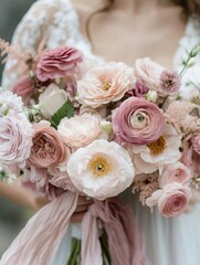 Obraz premium Close up of a woman holding a large bouquet of pink, white, and cream ranunculus and anemone flowers with green leaves in soft natural light
