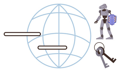Robot holding a shield next to a digital globe with login bars and keys. Ideal for cybersecurity, AI, global data security, online authentication, password management, technology, simple flat