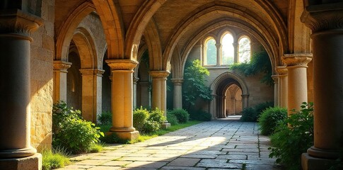Serene sunlit abbey cloister, ancient stone arches framing lush greenery, peaceful atmosphere Tranquil scene evokes monastic life, prayer, contemplation, spiritual retreat , light, sunlight