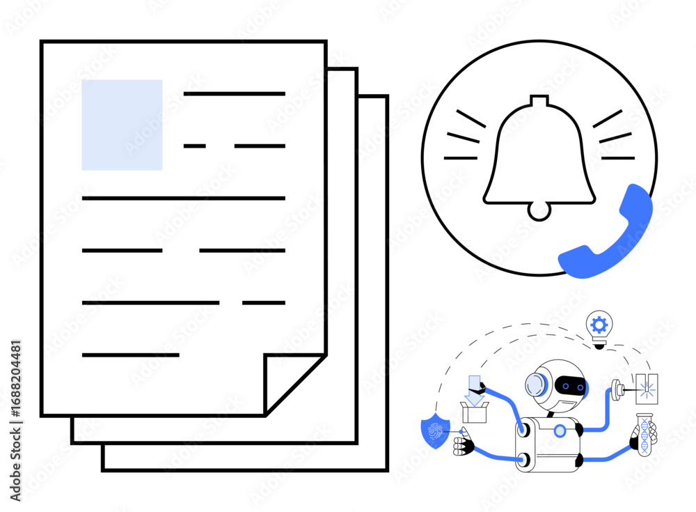 Poster documents, alert icon with phone, and ai robot managing security, tasks, and data flow. ideal for te