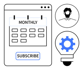 Calendar marked monthly paired with a subscribe button, avatar of a user, gear in a light bulb. Ideal for scheduling, subscriptions, user management, innovation, technology, planning and service