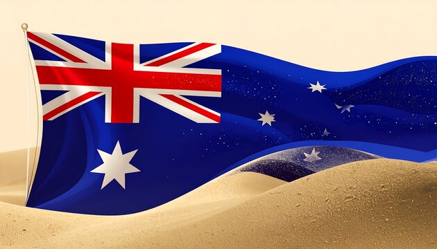 Australian flag waving gently over sandy dunes - Powered by Adobe