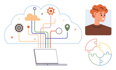 Cloud with analytics icons linking to a laptop, puzzle piece, and user profile. Ideal for technology, networking, data integration, collaboration, problem-solving user experience simplicity. Simple