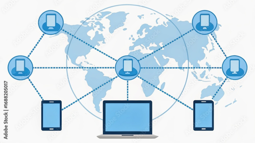 Poster illustration of a global network connecting devices like smartphones and computers on a world map.