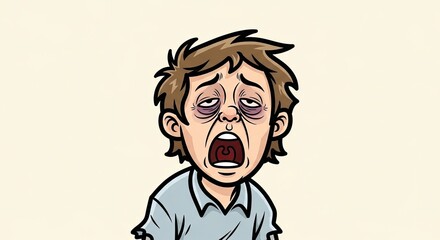Obraz premium Exhausted Cartoon Boy Yawning Widely with Prominent Dark Circles Under His Eyes, Depicting Severe Sleep Deprivation and Fatigue on a Light Cream Background