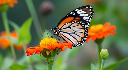 Fototapeta premium A Monarch Butterfly on Orange Flower Macro a Vibrant Insect and Nature Photography