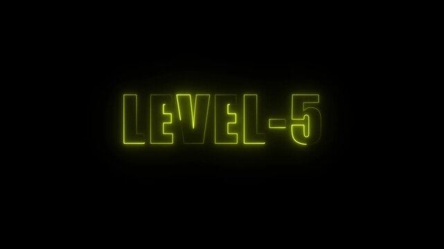Neon glowing L E V E L 5 text animation on black background futuristic digital progress