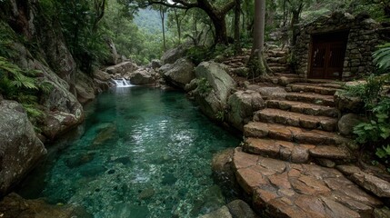 Lush jungle waterfall flowing over natural stone rocks