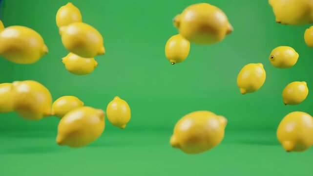 Fallende Zitronen auf gr&uuml;nem Chroma Key Hintergrund