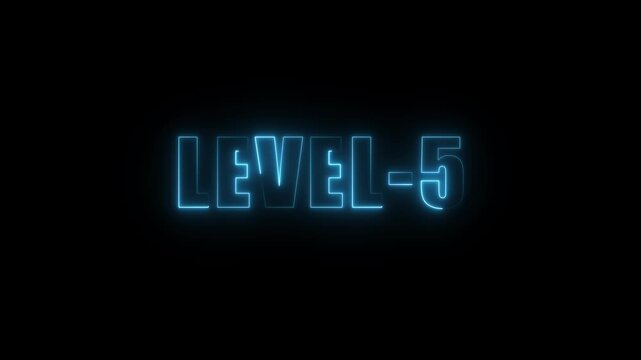 Neon blue glowing text L E V E L 5 animation on black background futuristic digital interface