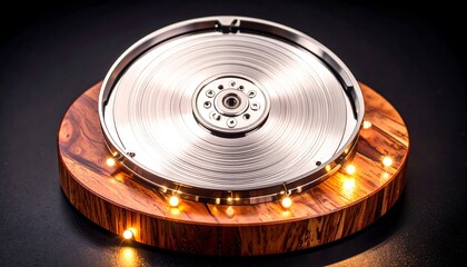 Polished platter on wooden base with lights