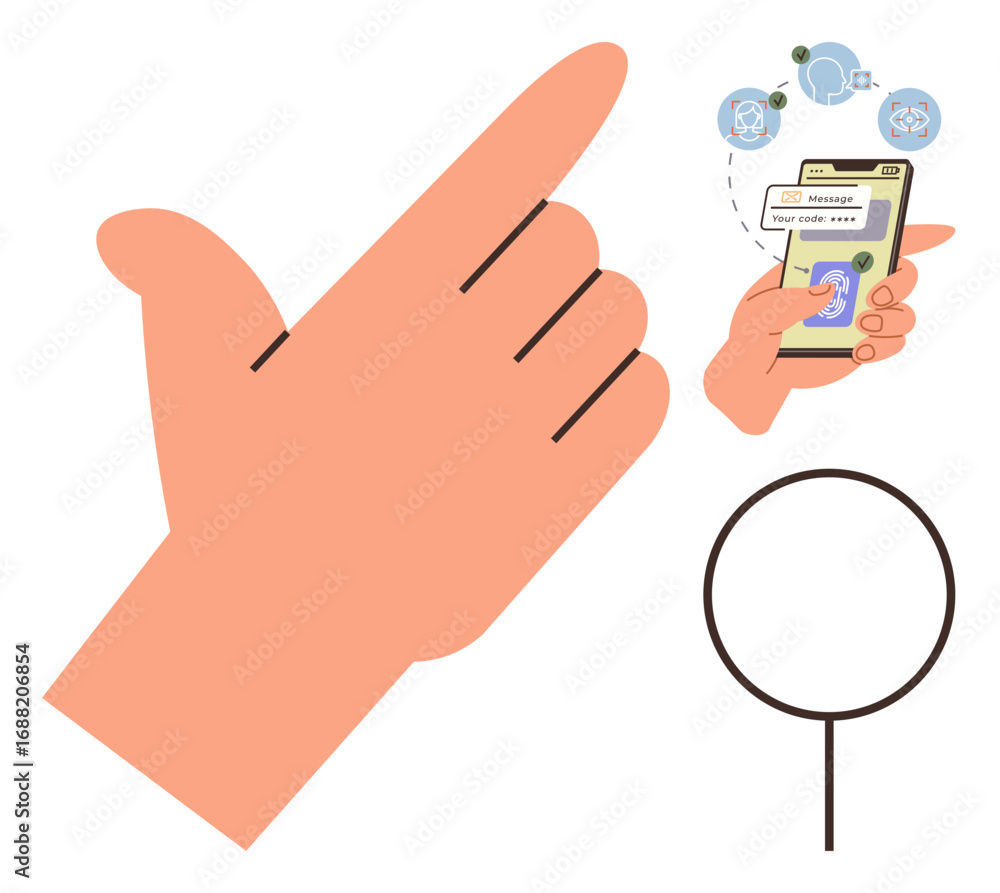 Poster hand gestures, smartphone with touch interaction, icons signifying communication and data, magnifyin