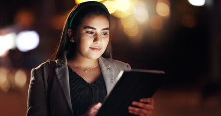 Woman, tablet and night in city with scroll, direction or booking taxi for commute on business...