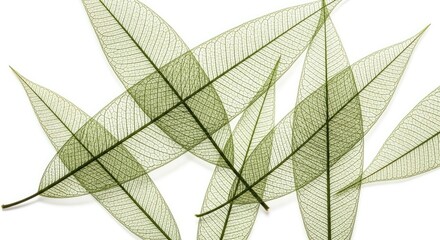 Obraz premium Abstract close-up of delicate translucent skeleton leaves with intricate venation patterns, overlapping on a clean white background, showcasing natural organic structure.