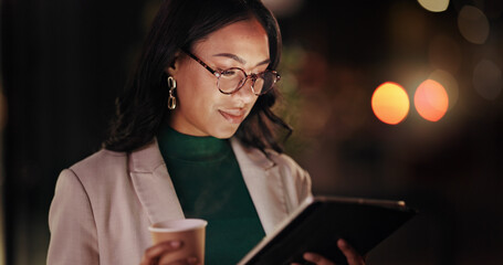 Business woman, tablet and coffee in city at night, travel and check booking price for hotel...