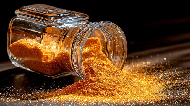 Glass jar tipped over, spilling golden glitter or spice onto a dark surface sparkling shiny - Powered by Adobe