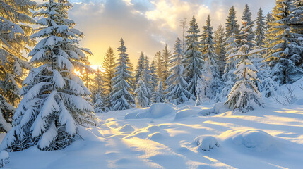 Obraz premium Snow-covered pine forest in golden morning light.