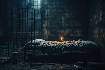 A dilapidated prison cell features a bare bed and a candle on a table, surrounded by dirt and debris. The barred window lets in faint light, enhancing the atmosphere of hopelessness.