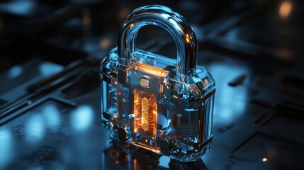 A transparent glass padlock showcases intricate internal mechanisms and a fingerprint scanner, illuminated by holographic elements and subtle reflections, creating a captivating sci-fi design.