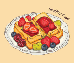 Minimalist Illustration of Jam Toast with Fresh Fruits