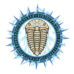 A cybernetic trilobite emblem with runes and circuitry patterns.