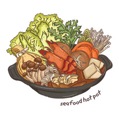 Hand-Drawn Asian Seafood Hot Pot Illustration