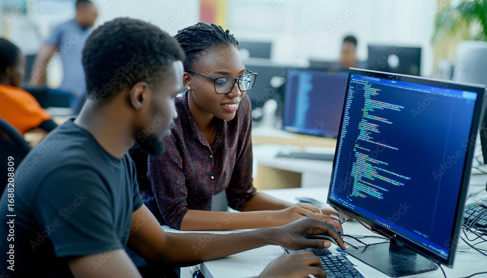 Poster a man and woman sit side by side, both focused on a computer screen displaying lines of code, collab
