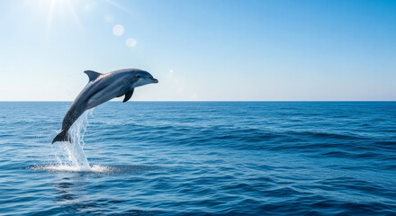Fototapeta premium Majestic dolphin leaps joyfully from sparkling ocean waves under bright sunlit sky