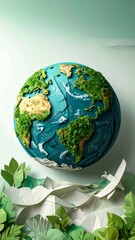 Fototapeta premium Papercraft globe, lush green foliage