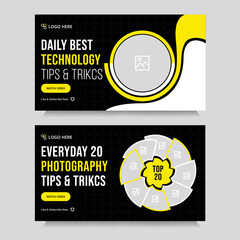 Multipurpose photography tips and tricks video thumbnail banner design, daily photography techniques video set cover banner design, fully customizable vector eps 10 file format
