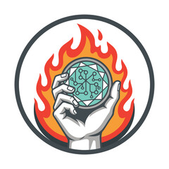 A hand holds a digital circuit board inside a circle of flames. © minimal