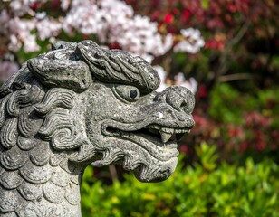 Close-up stone dragon head in garden