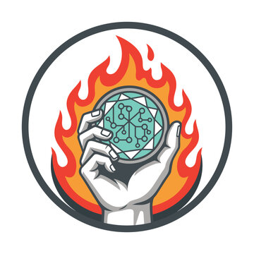A hand holds a digital circuit board inside a circle of flames.