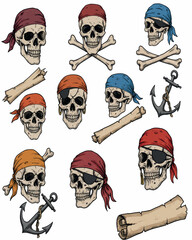 Fototapeta premium Classic pirate-themed vector illustration of human skulls with crossbones, eye patches, and maritime elements like anchors.