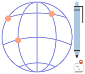 Globe with latitude-longitude lines, three location markers, pen, and map pin icon. Ideal for technology, navigation, global reach, planning strategy education creativity. Simple flat metaphor