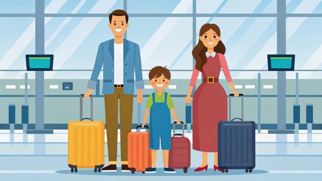 A happy family with luggage stands at the airport, ready for travel. The scene conveys excitement and anticipation for their journey.