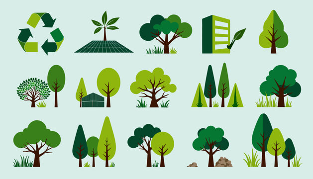 Diverse Collection of Eco-Friendly Symbols and Illustrations Featuring Trees, Recycling Icons, and Green Architectural Elements
