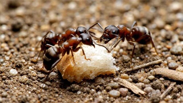 Close-up footage of ants carrying food together on the ground, macro view of insect teamwork in nature