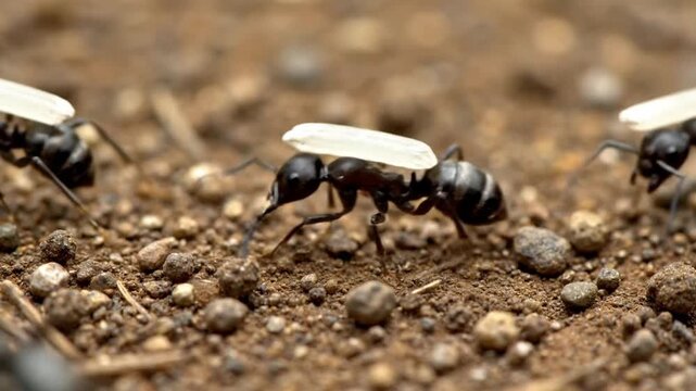 Macro close-up of ants carrying rice grains across ground, insect teamwork and colony life