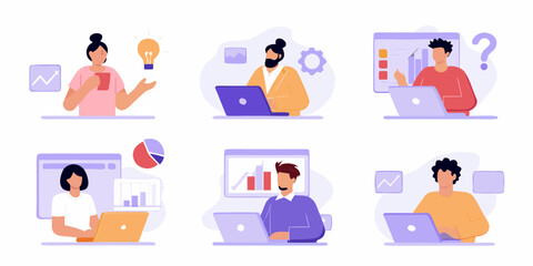 Diverse group of people working on laptops with charts graphs and lightbulb representing business and ideas