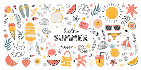 Hello summer collection of fun beach and vacation icons and elements