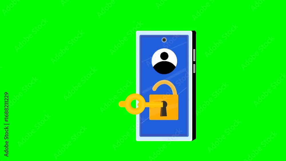 Poster sign in animation with padlock icon on smartphone screen, followed by key icon unlocking it. modern 