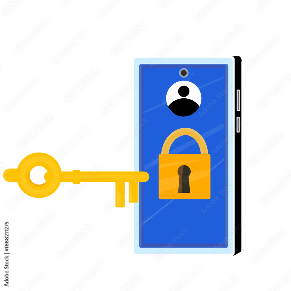 Poster Login concept image with padlock and key icon on smartphone. Secure access illustration. Flat digital security design. User authentication scene.